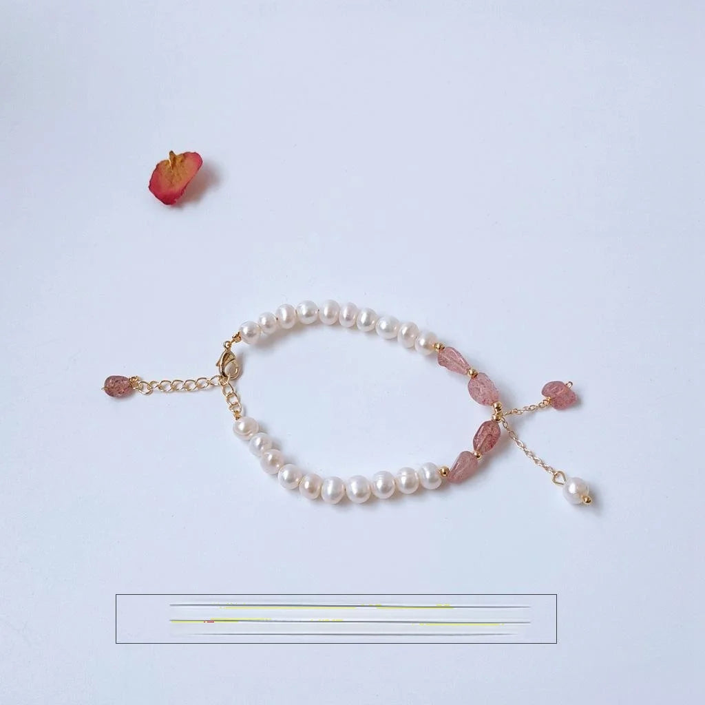 Real Gold Plated Freshwater Pearl Strawberry Quartz Korean Geometric Ring Bracelet
