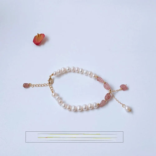 Real Gold Plated Freshwater Pearl Strawberry Quartz Korean Geometric Ring Bracelet