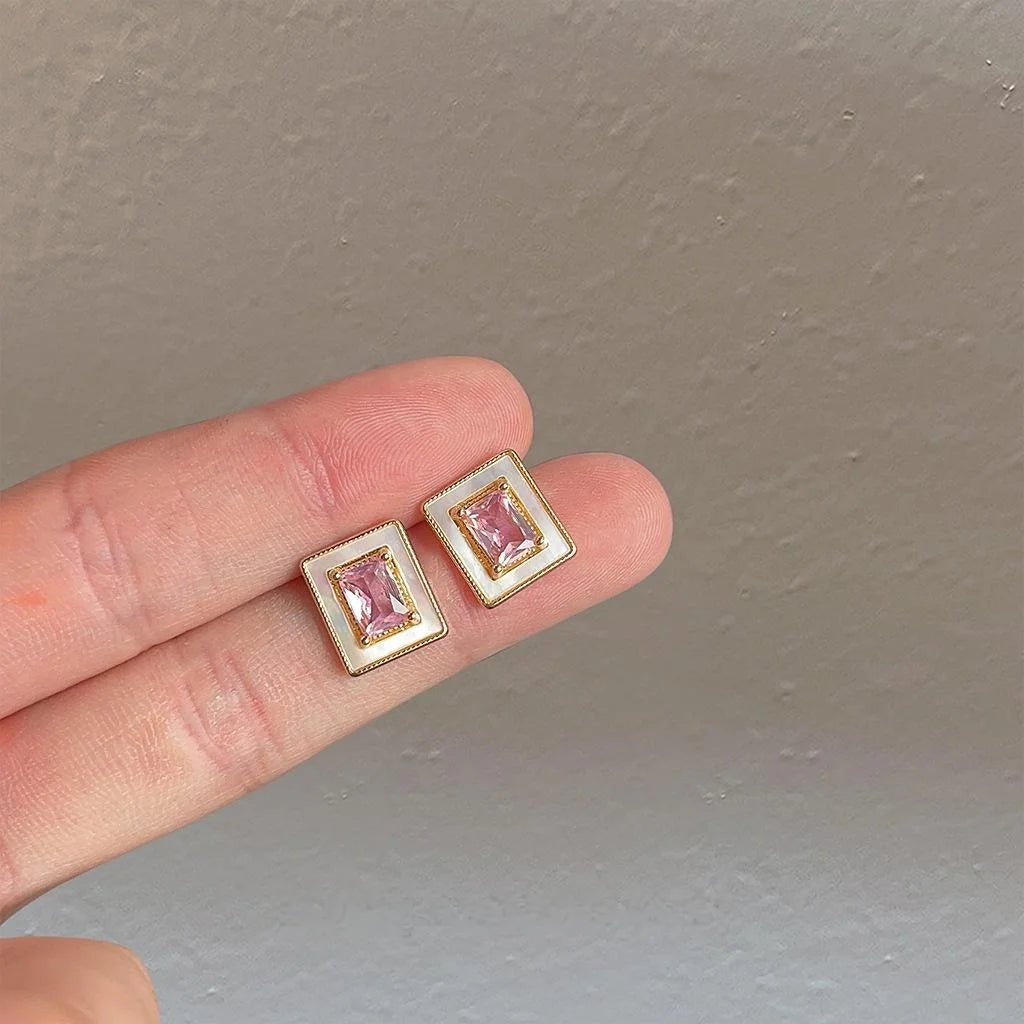 Luxury Pink Zircon Real Shell Geometric Rectangle 14K Plated Copper Stud Earrings