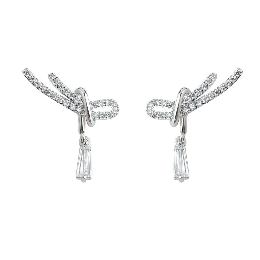 Light Luxury Micro Pave Zircon Copper Knot Bow Teardrop Geometric Drop Earrings for Women