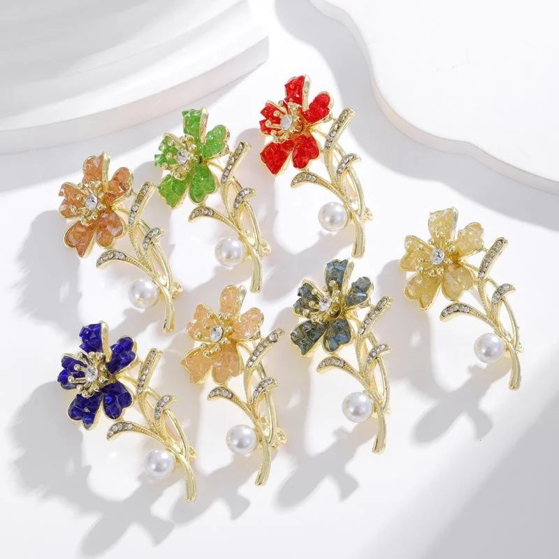 Elegant Enamel Flower Brooch With Rhinestone Leaves And Pearl, Gold Alloy Lapel Pin Corsage Suit Accessory
