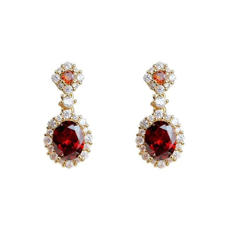 Vintage Court Style Burgundy Zircon Geometric 14K Plated Copper Drop Earrings