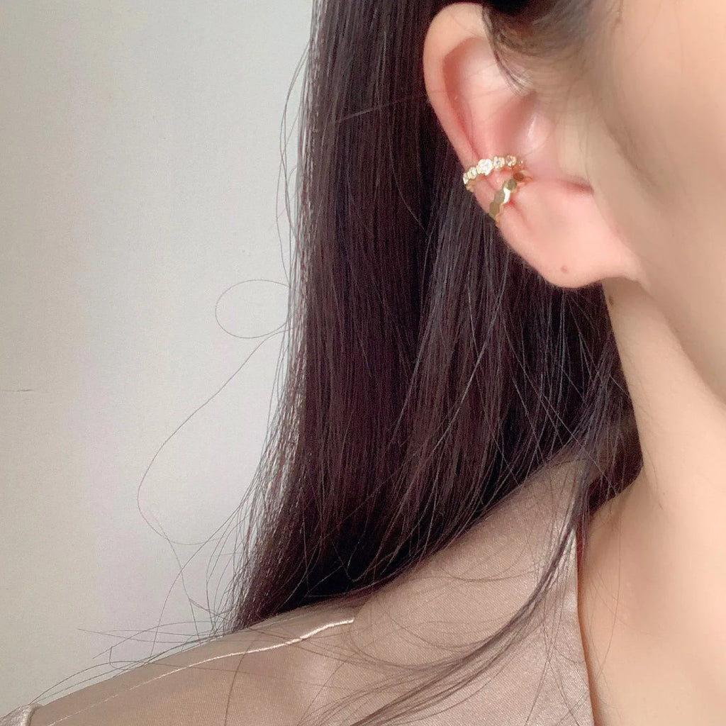 Luxury Gold Hexagon Ear Cuff Stud & Clip On No Piercing Zircon Rhinestone Huggie Hoop Earrings