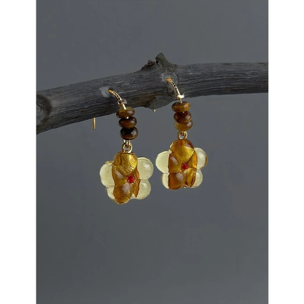 Vintage Maillard Handmade Liuli Glass Flower Tiger Eye Stone Copper Drop Earrings For Women