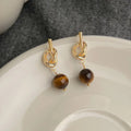 Natural Tiger Eye Stone Geometric Knot Drop Earrings French Vintage Maillard Style