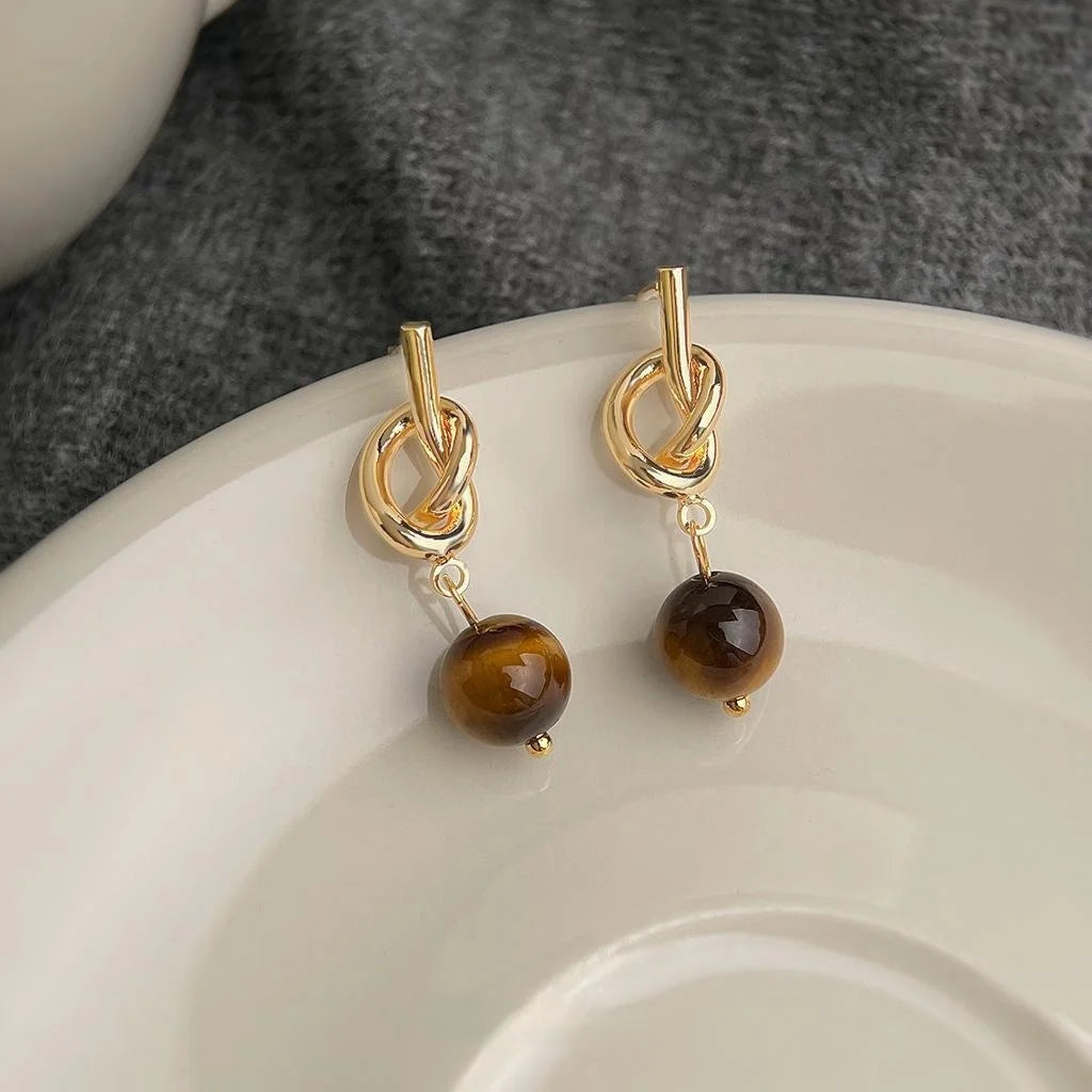 Natural Tiger Eye Stone Geometric Knot Drop Earrings French Vintage Maillard Style