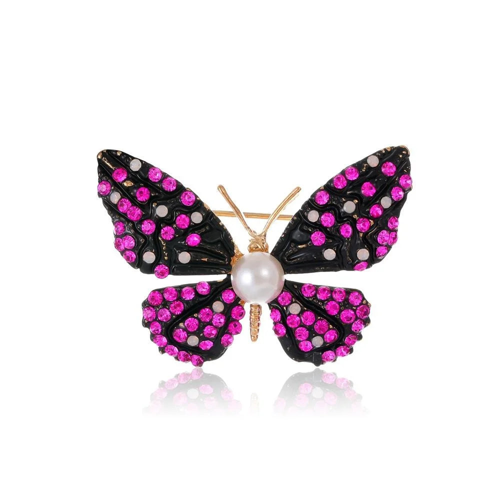 Elegant Black Enamel Butterfly Brooch With Pink Rhinestones And Pearl, Women's Lapel Pin Suit Accessory