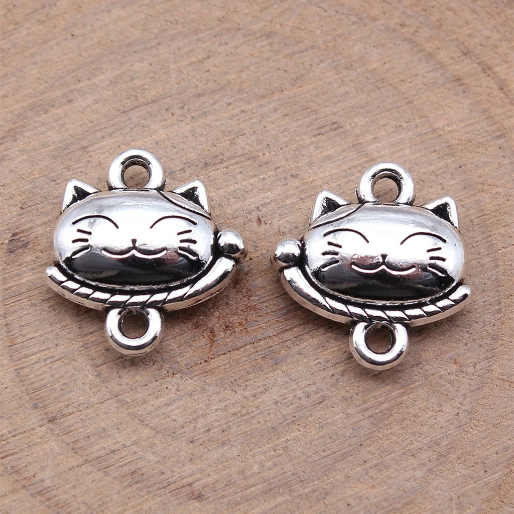 15x15.4x5.4mm 2.7g Antique Silver Zinc Alloy Lucky Cat Head Connector Charm for DIY Bracelet Jewelry