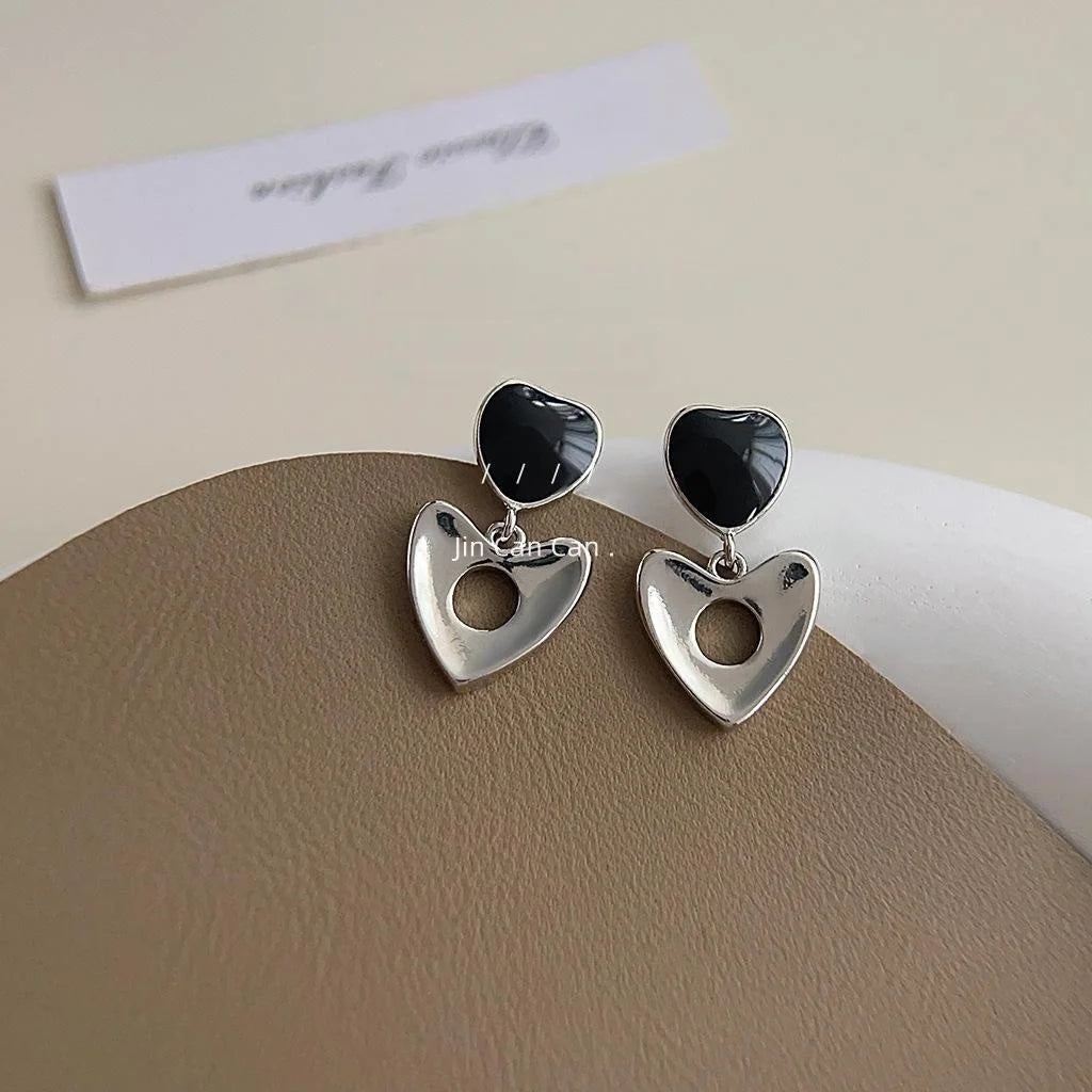 Sweet Cool Black Enamel Hollow Heart Copper Drop Earrings For Women