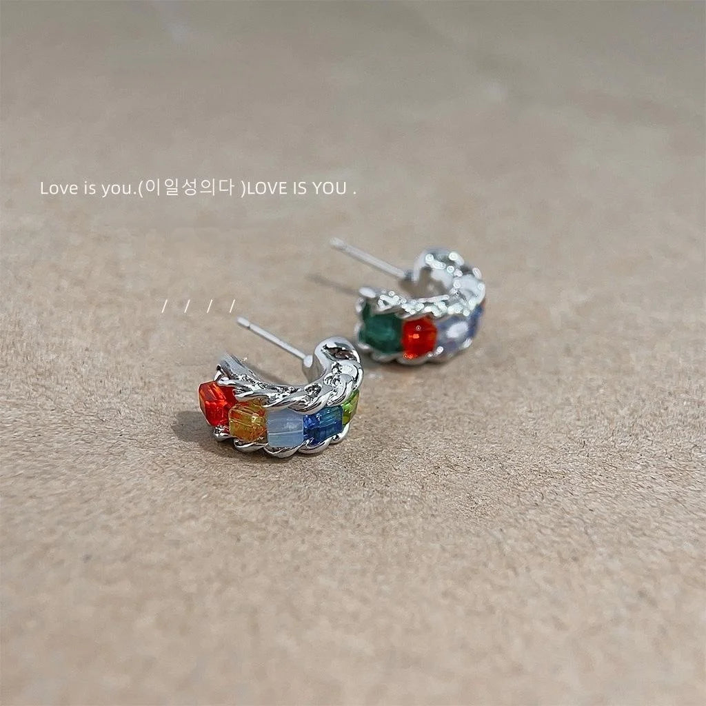 Sweet Cool Candy Color Glass Crystal C-Shaped Hoop Earrings For Women