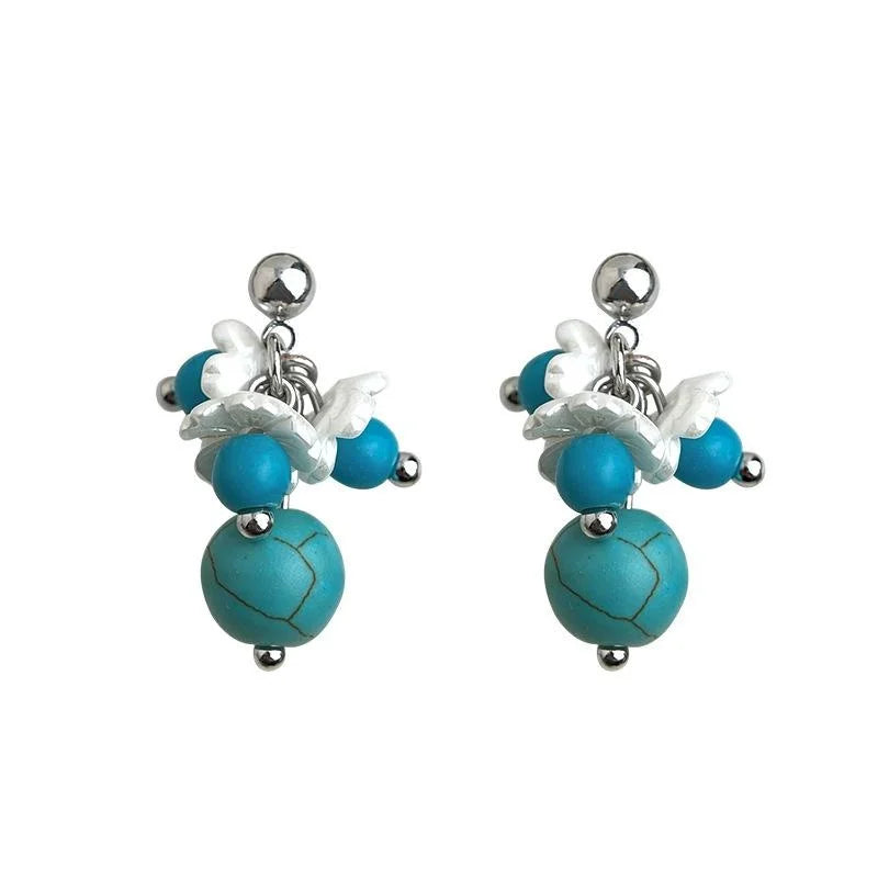 Vintage Boho Synthetic Turquoise Resin Floral Tassel Drop Earrings
