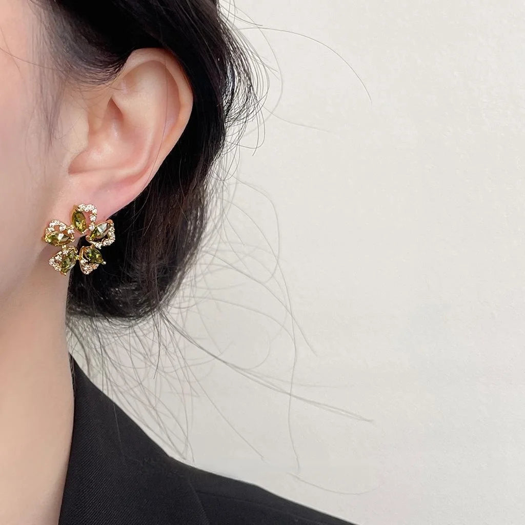 14K Plated Copper Olive Green Zircon Flower Stud Earrings For Women Fashion Jewelry