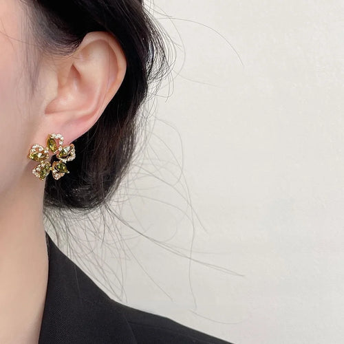 14K Plated Copper Olive Green Zircon Flower Stud Earrings For Women Fashion Jewelry
