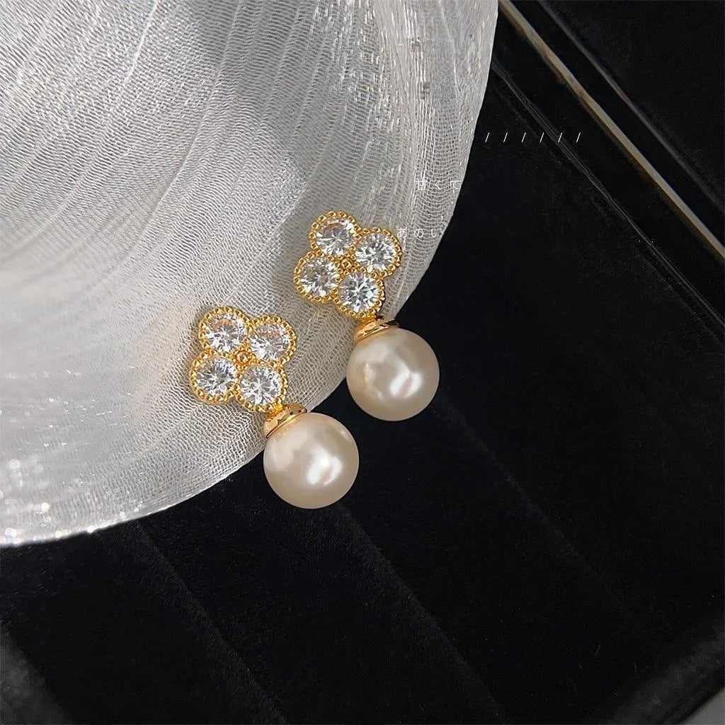 14K Gold Plated Copper Glass Pearl Flower Stud Earrings Elegant Micro Pave Zircon