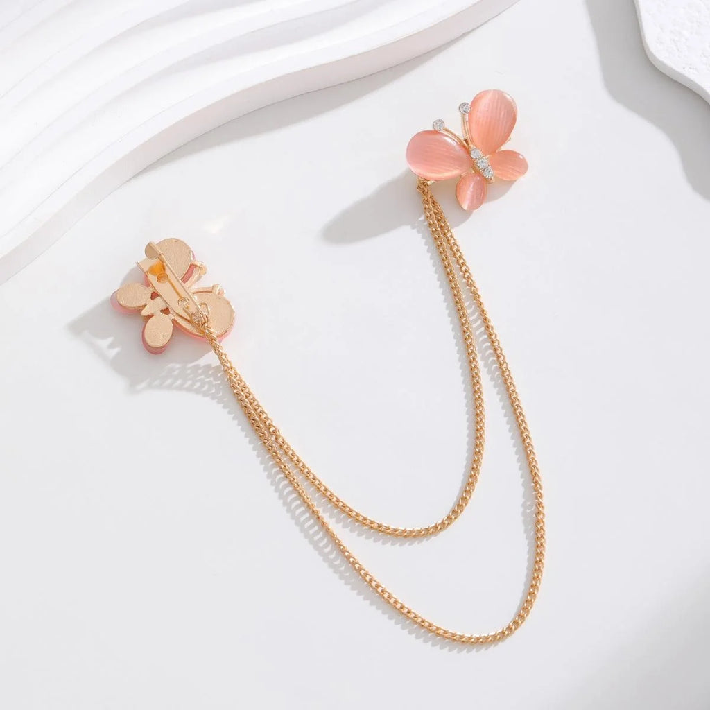 Elegant Pink Enamel Butterfly Chain Brooch With Rhinestone Alloy Collar Lapel Pin For Suit Accessory Gift