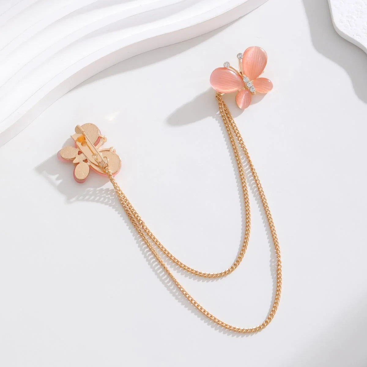 Elegant Pink Enamel Butterfly Chain Brooch With Rhinestone Alloy Collar Lapel Pin For Suit Accessory Gift