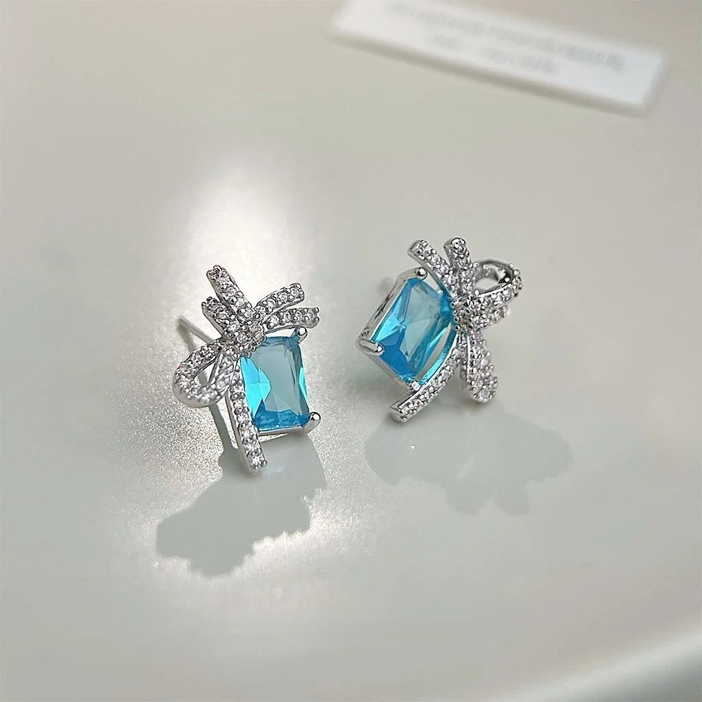 Silver Plated Copper Aquamarine Zircon Bow Stud Earrings Sweet Beach Vacation Style