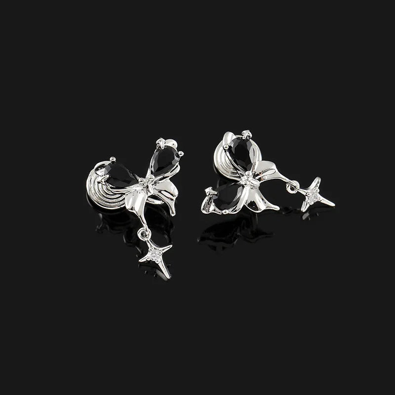 Black Butterfly Zircon Star Dangle Stud & Clip On No Piercing Alloy Sweet Cool Earrings