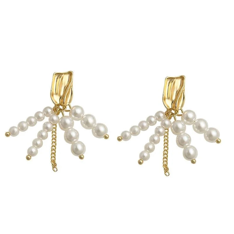 French Vintage 14K Plated High Shine Pearl Tassel Drop Earrings Handmade Geometric Design for Women