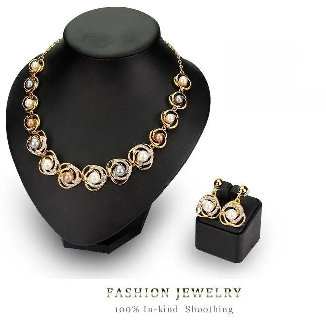 Elegant Gold Alloy Saturn Pearl Rhinestone Necklace Earrings Jewelry Set For Wedding Party Gift