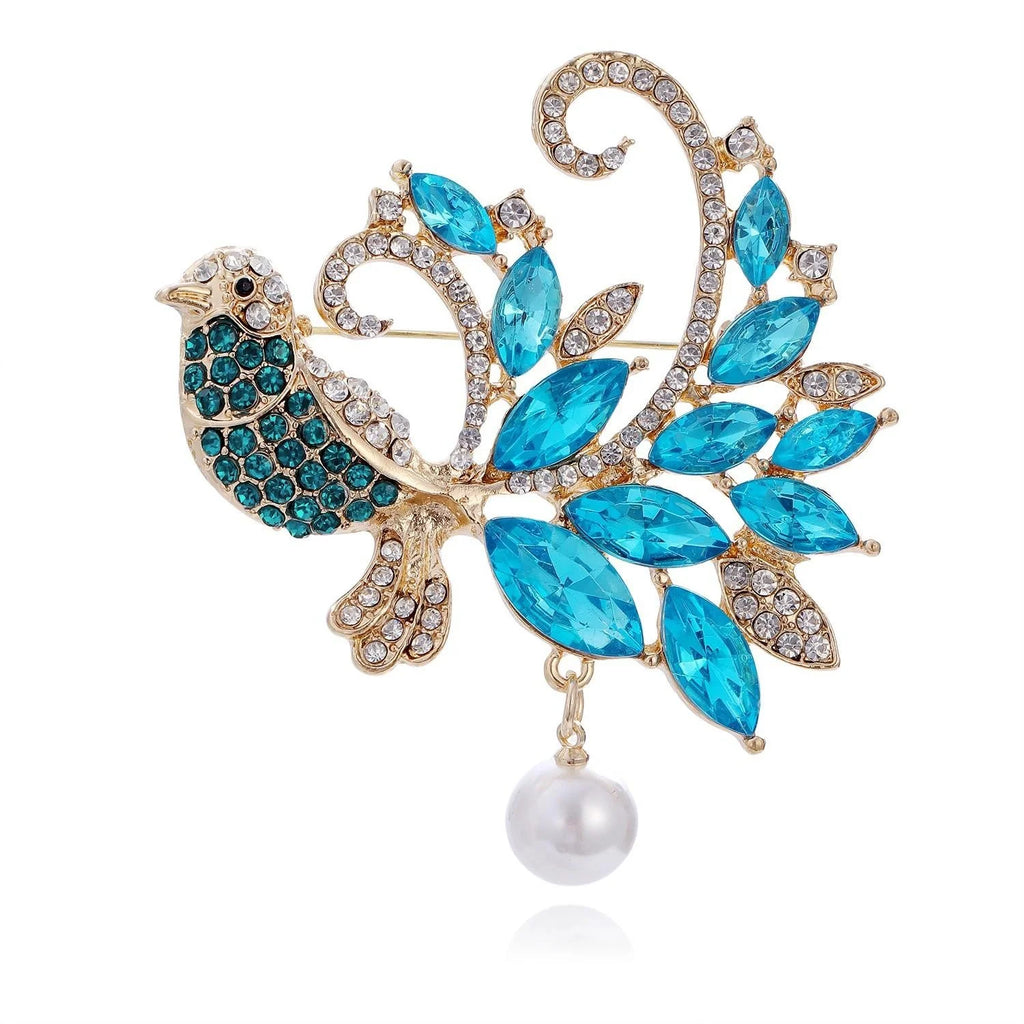 Elegant Blue Bird Rhinestone Brooch With Faux Pearl Drop, Animal Lapel Pin Corsage Gift For Women