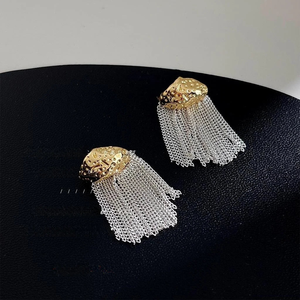 Elegant Geometric Metal Block Tassel Drop Earrings Copper Silver Plated Pin Evening Jewelry