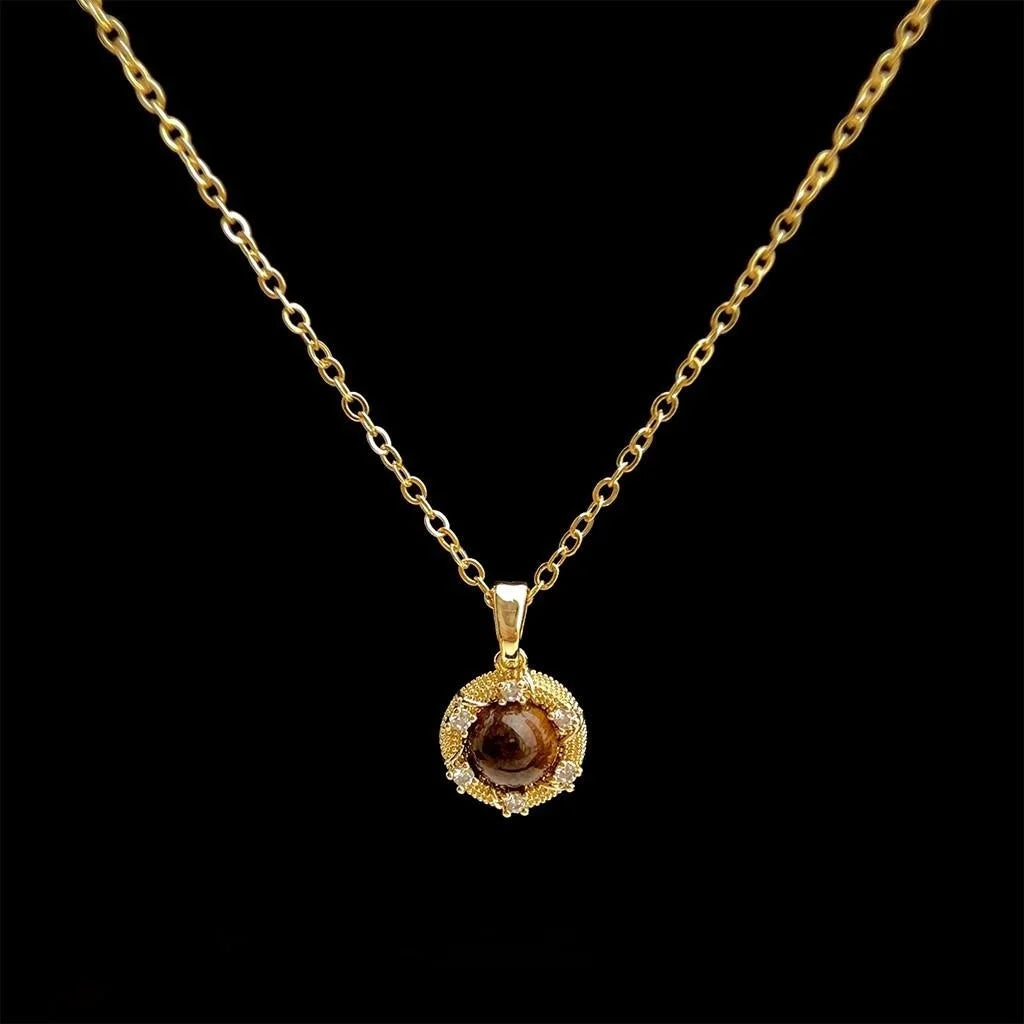 18K Gold Plated Copper Tiger Eye Natural Stone Zircon Round Geometric Vintage Necklace