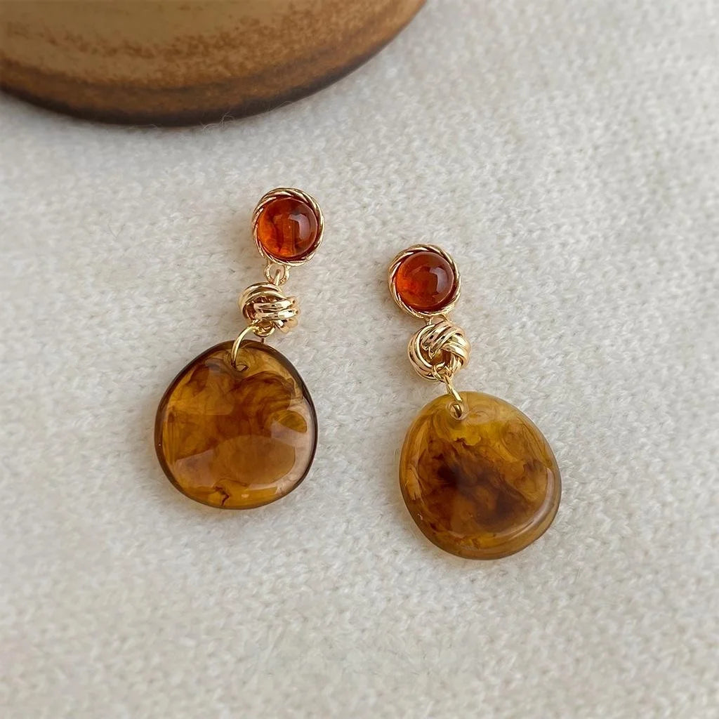 Handmade Maillard Style Amber Resin Geometric Tassel Drop Earrings