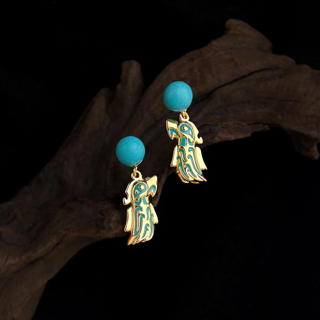 Vintage Palace Style Synthetic Turquoise Round Drop Earrings With Antique Bronze Design