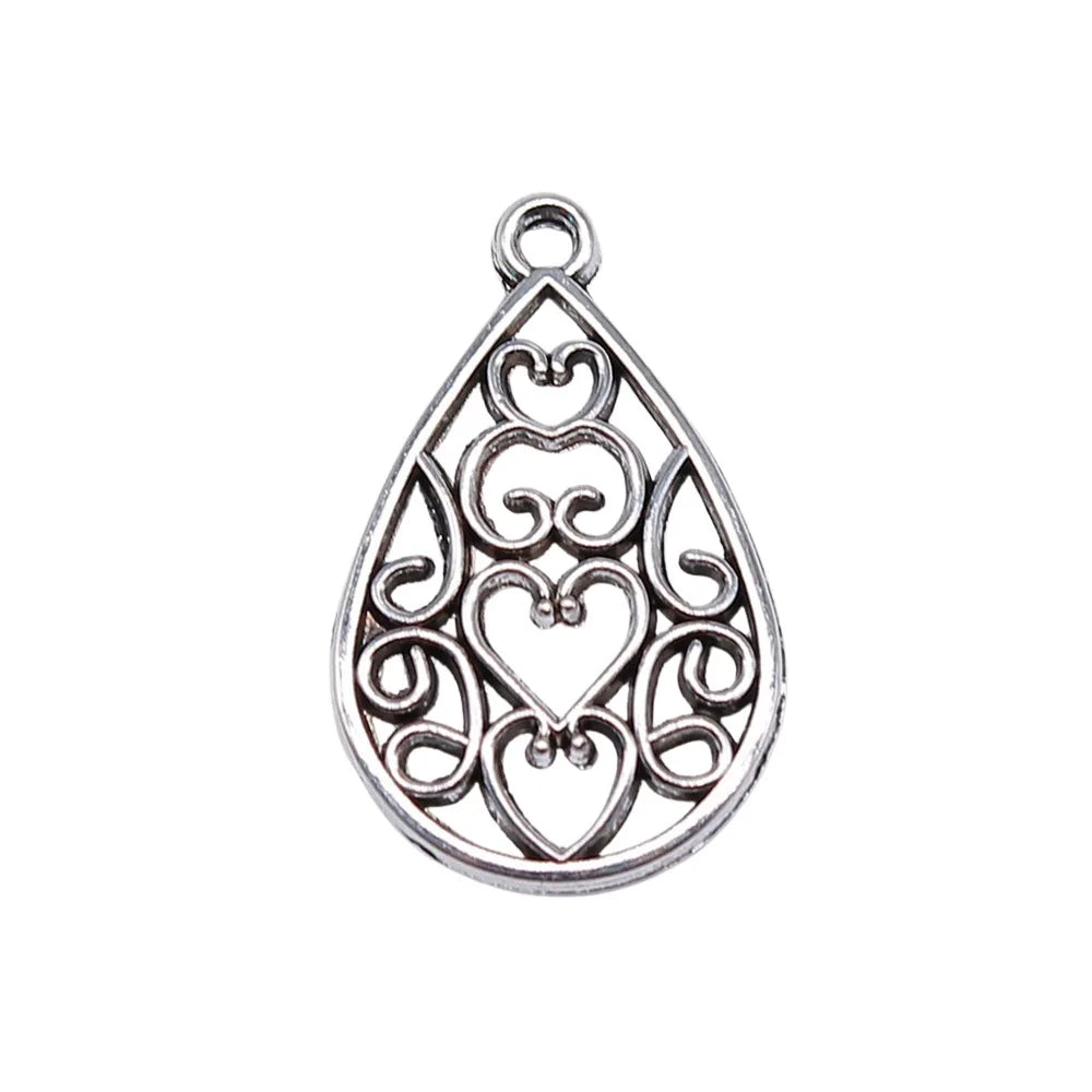 25x15mm 1.1g Antique Silver Zinc Alloy Heart Waterdrop Teardrop Hollow Earring Charms for DIY Earrings Jewelry Making