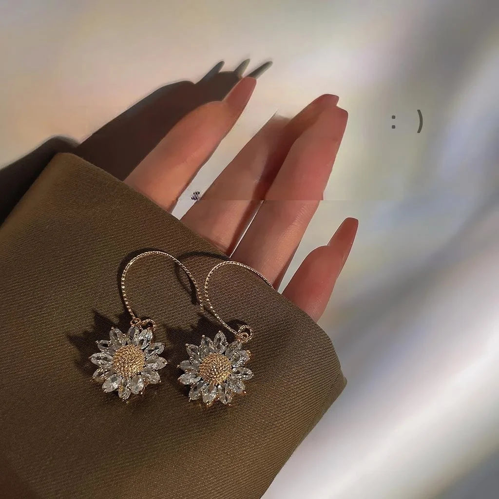14K Gold Plated Sunflower Pearl Drop Earrings With Micro Pave Zircon, French Fashion OL Floral Jewelry