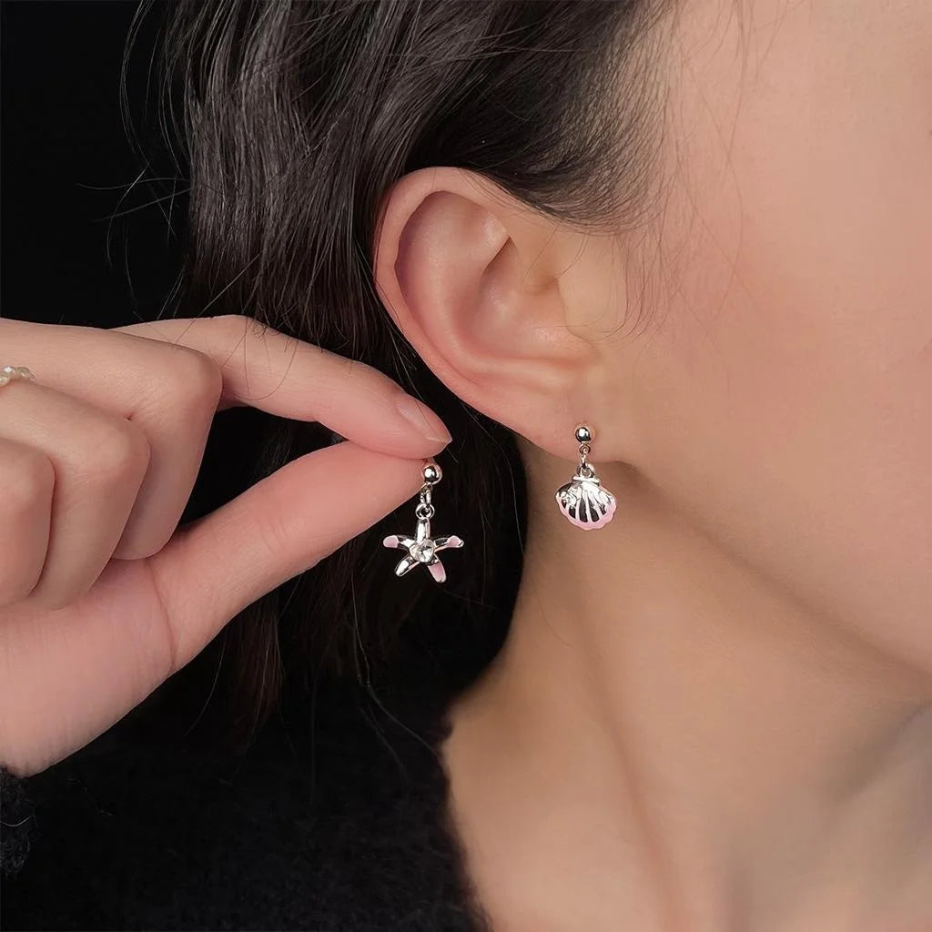 Summer Asymmetric Copper Shell Star Drop Earrings For Women, Sweet Cute Seaside Mini Jewelry