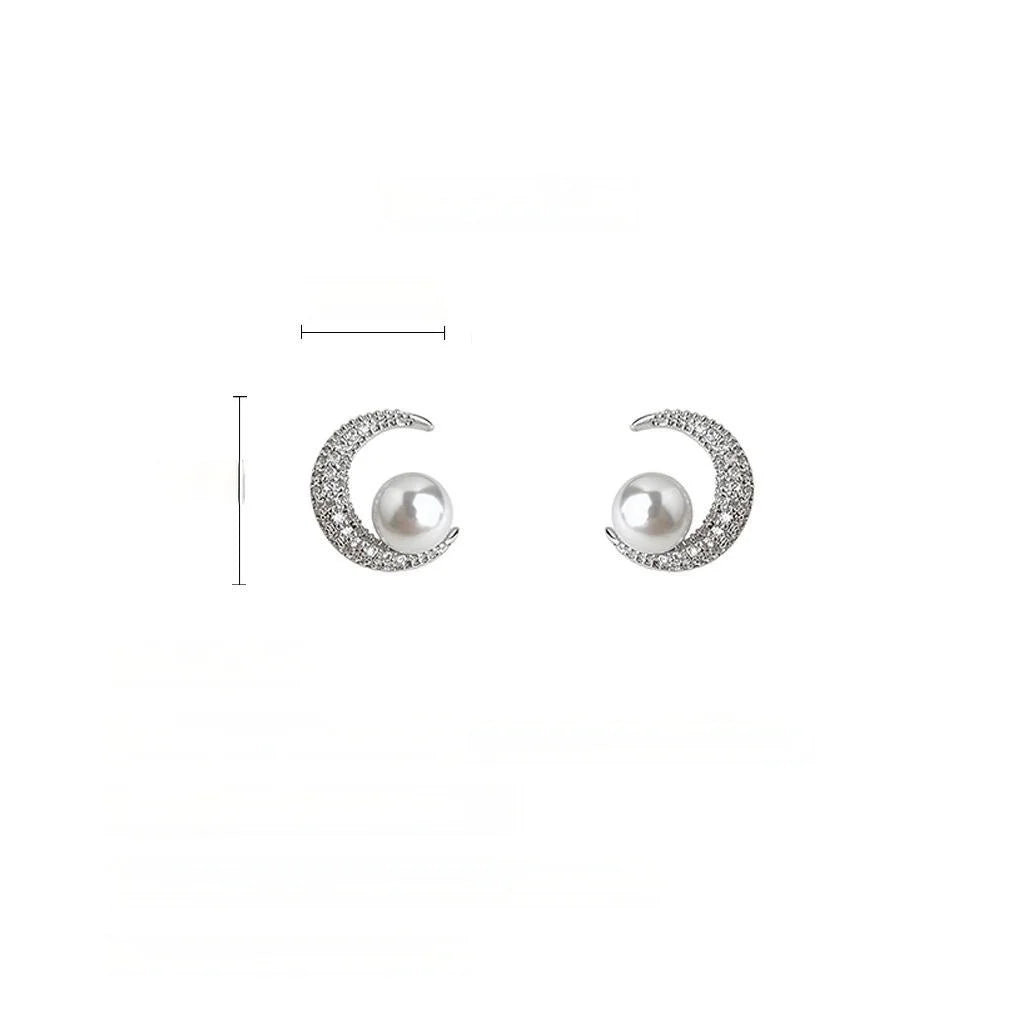 Copper Pearl Moon Stud Earrings Micro Pave Zircon Geometric Light Luxury Fashion Jewelry