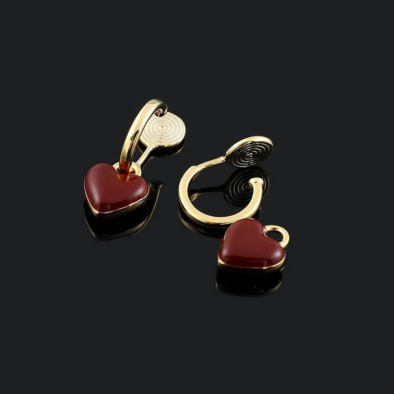 Vintage Red Enamel Heart Gold Alloy Hoop Stud & Clip On No Piercing Hong Kong Style Earrings