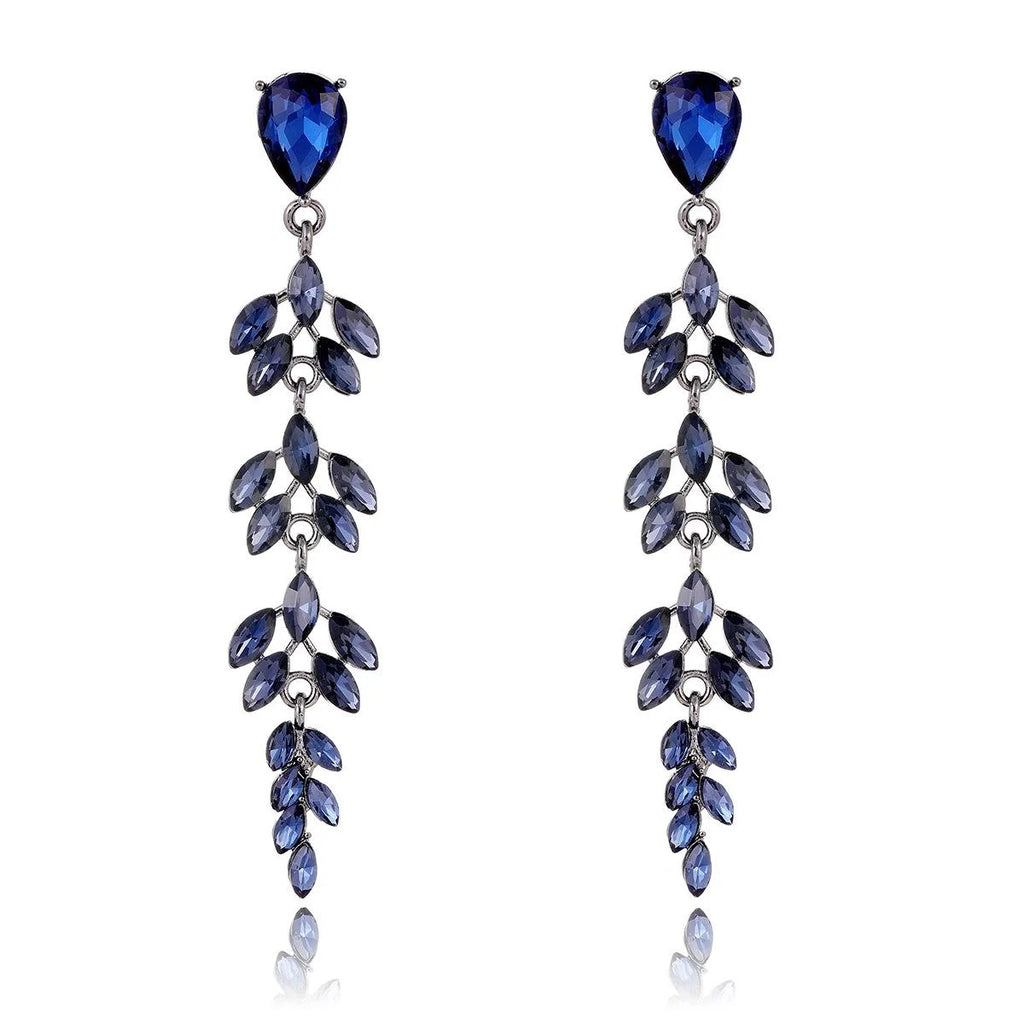 Luxury Blue Crystal Wheat Leaf Long Dangle Earrings, Alloy Rhinestone Drop Jewelry For Wedding Party