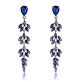 Luxury Blue Crystal Wheat Leaf Long Dangle Earrings, Alloy Rhinestone Drop Jewelry For Wedding Party