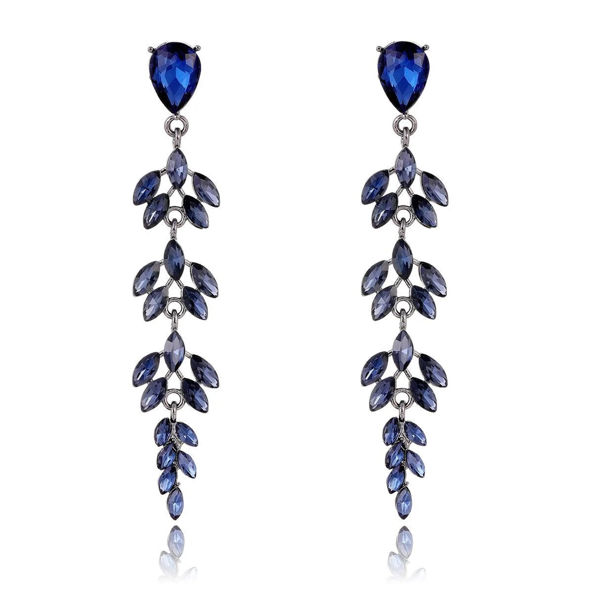 Luxury Blue Crystal Wheat Leaf Long Dangle Earrings, Alloy Rhinestone Drop Jewelry For Wedding Party