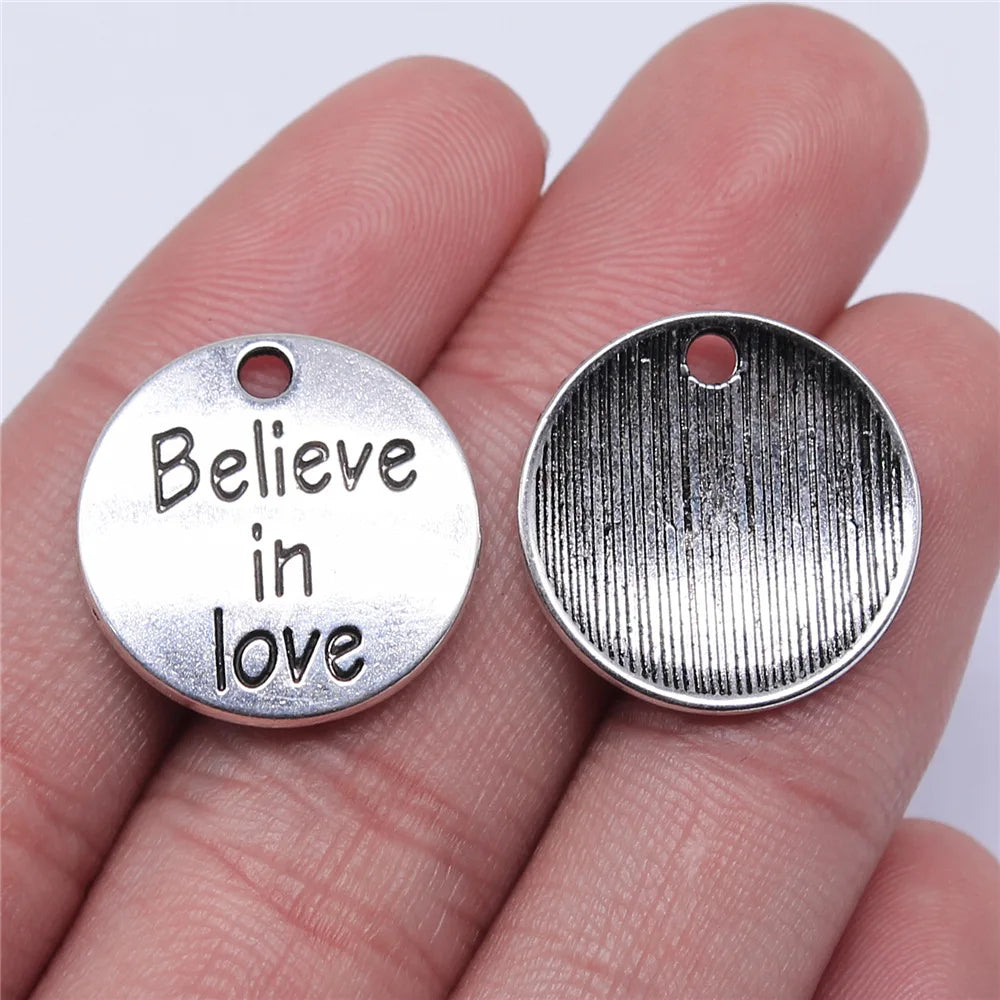 20x20mm 2g Zinc Alloy Believe in Love Word Tag Letter Charm Pendant for DIY Bracelet Necklace Making