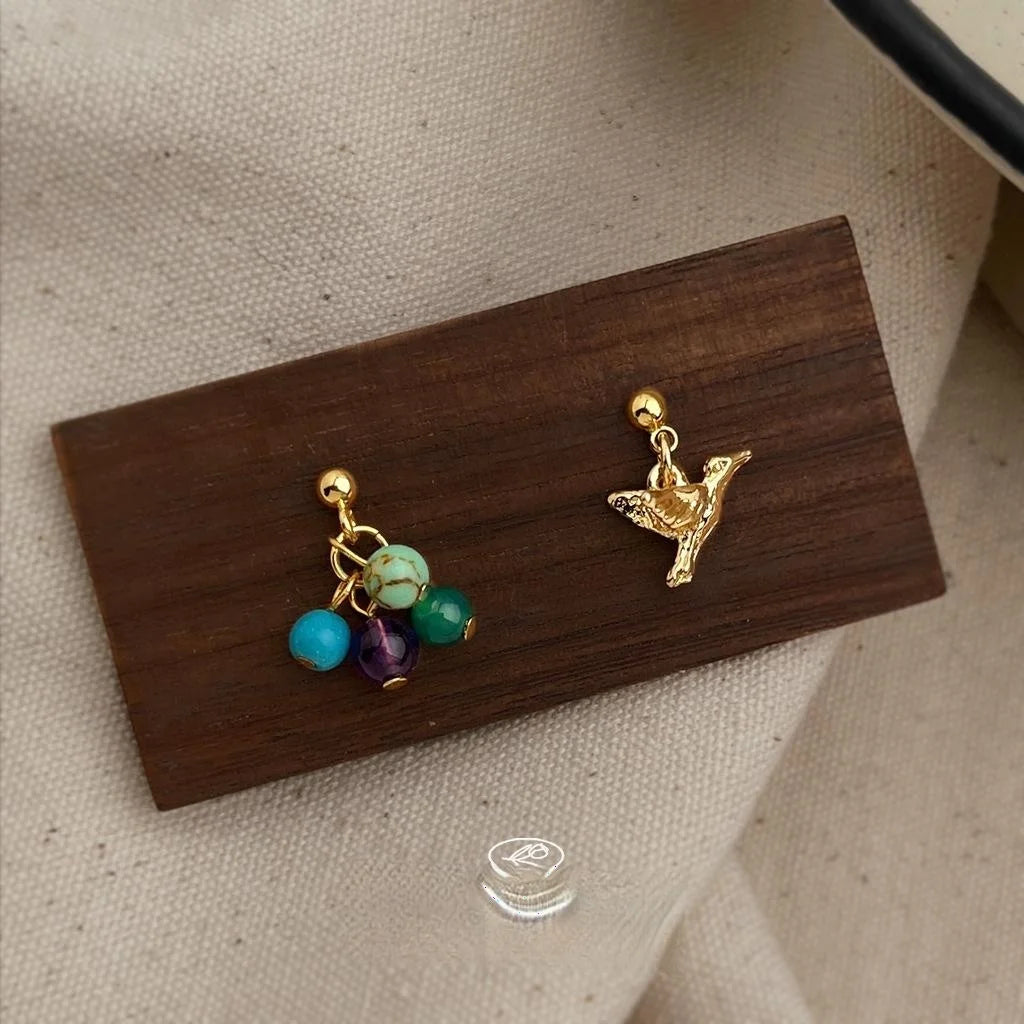 Handmade Designer Niche Asymmetric Natural Stone Bird Copper Drop Earrings For Women