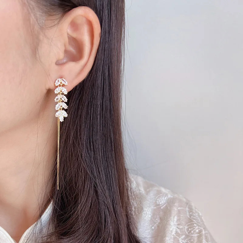 Elegant Gold Alloy Wheat Ear Marquise Zircon Tassel Stud & Clip On No Piercing Long Chain Dangle Earrings
