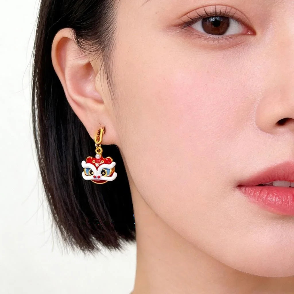Hand Painted Copper Lion Dance Drop Earrings New Chinese Ethnic Year Of Horse Geometric Jewelry
