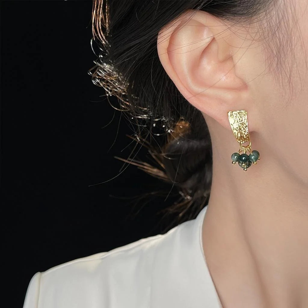 Vintage Handmade Ghost Stone Stud Earrings French Retro Hammered Eco Copper Geometric Line Jewelry