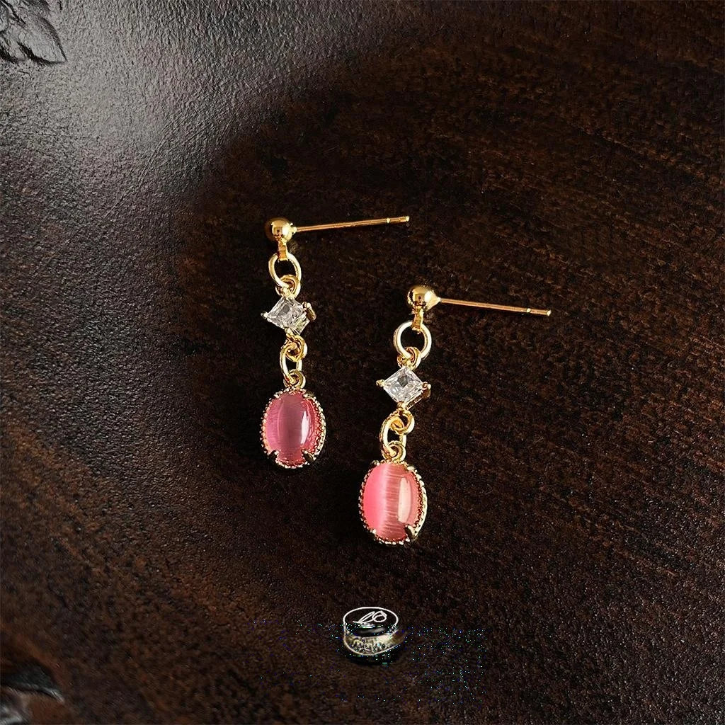 Sweet Rose Red Glass Cat Eye Stone Micro Pave Zircon Copper Geometric Drop Earrings