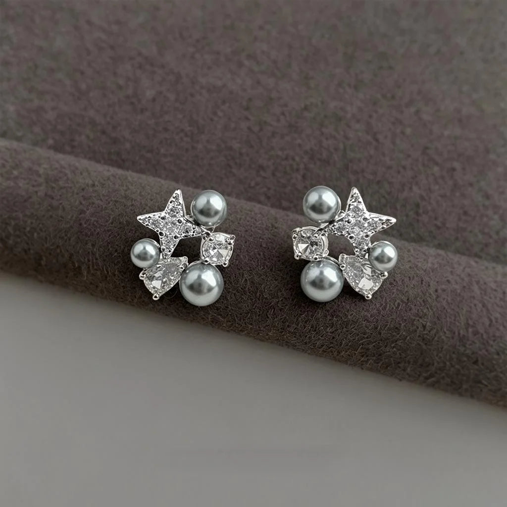 Micro Pave Zircon Six-Point Star Pearl Copper Stud Earrings Premium Minimalist Workwear