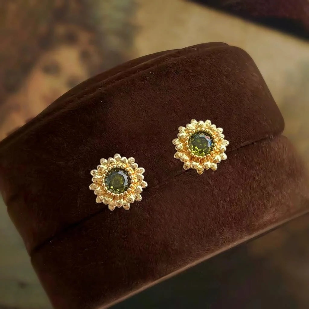 Olive Green Zircon Daisy Sunflower Stud Earrings Silver Plated Copper Floral Jewelry