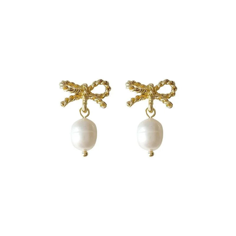 Freshwater Pearl 14K Plated Bowknot Stud Earrings Sweet Handmade Jewelry
