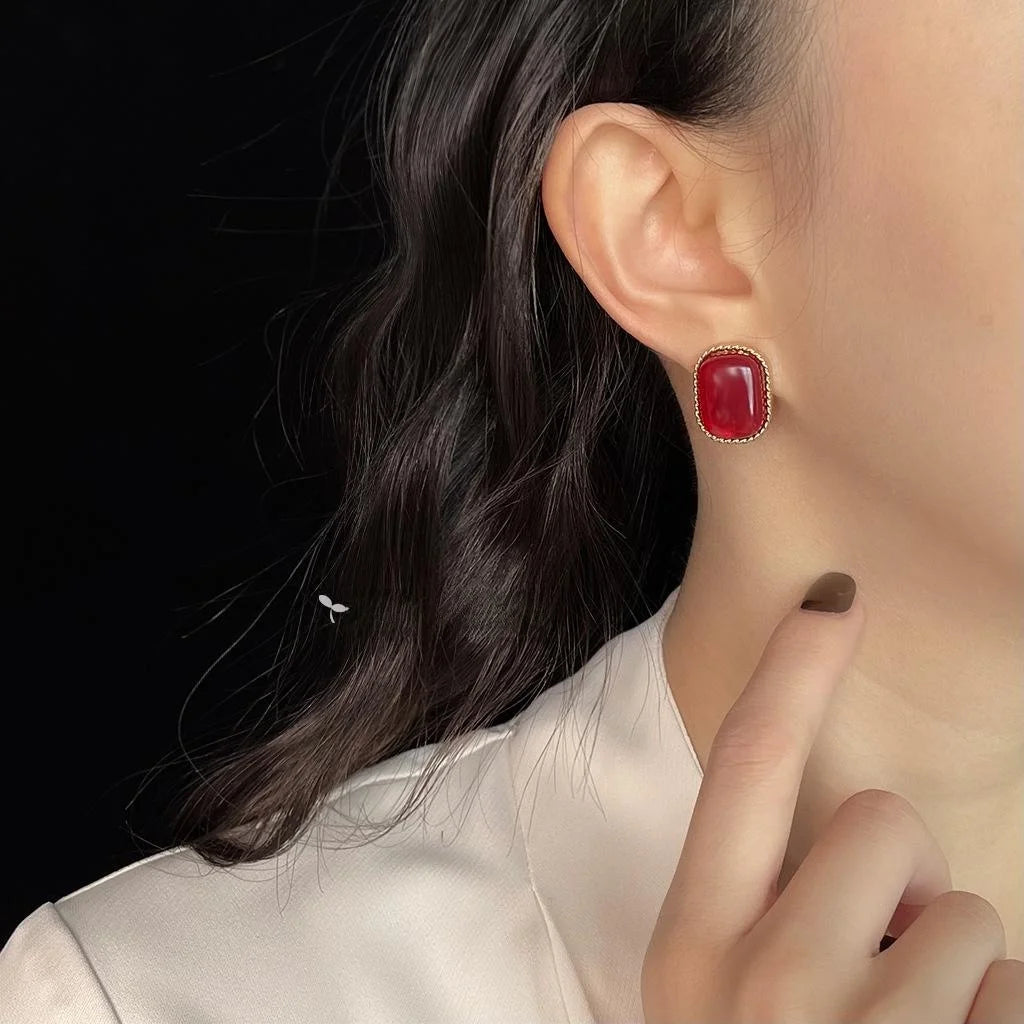 Vintage Hong Kong Style Burgundy Geometric Copper Stud Earrings