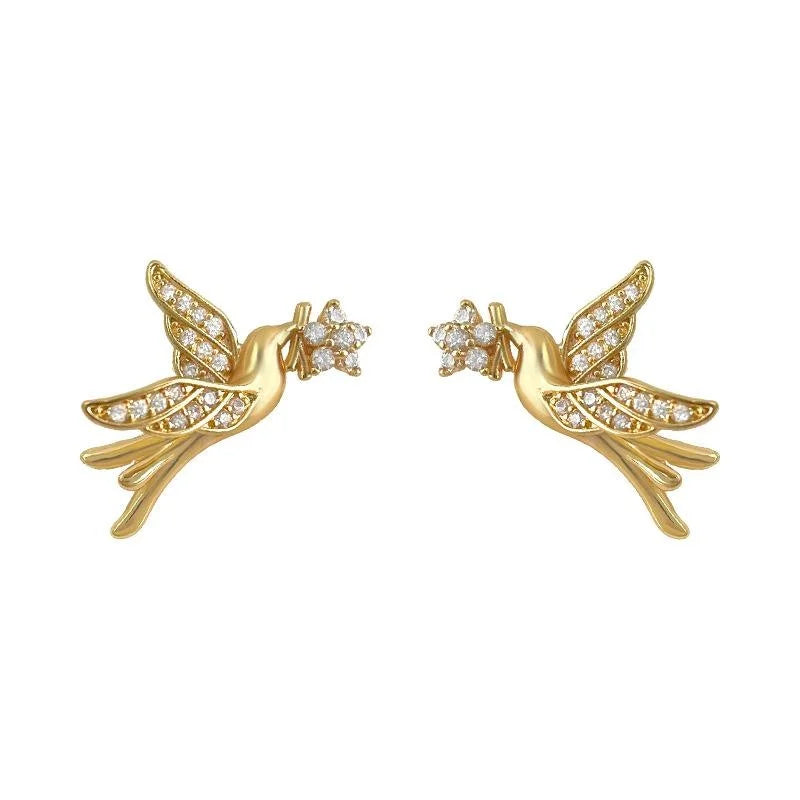Original Design Micro Pave Zircon Bird Stud Earrings, Copper Luxury Fashion Niche Jewelry