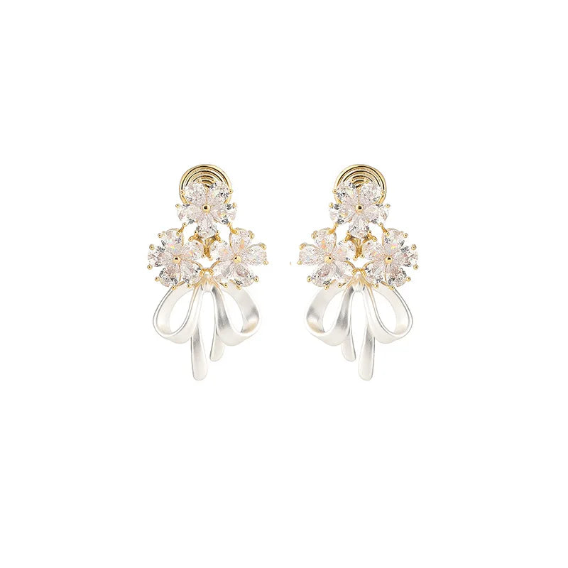 Elegant Sweet Zircon Flower Bowknot Stud & Clip On No Piercing Alloy Bridal Party Earrings