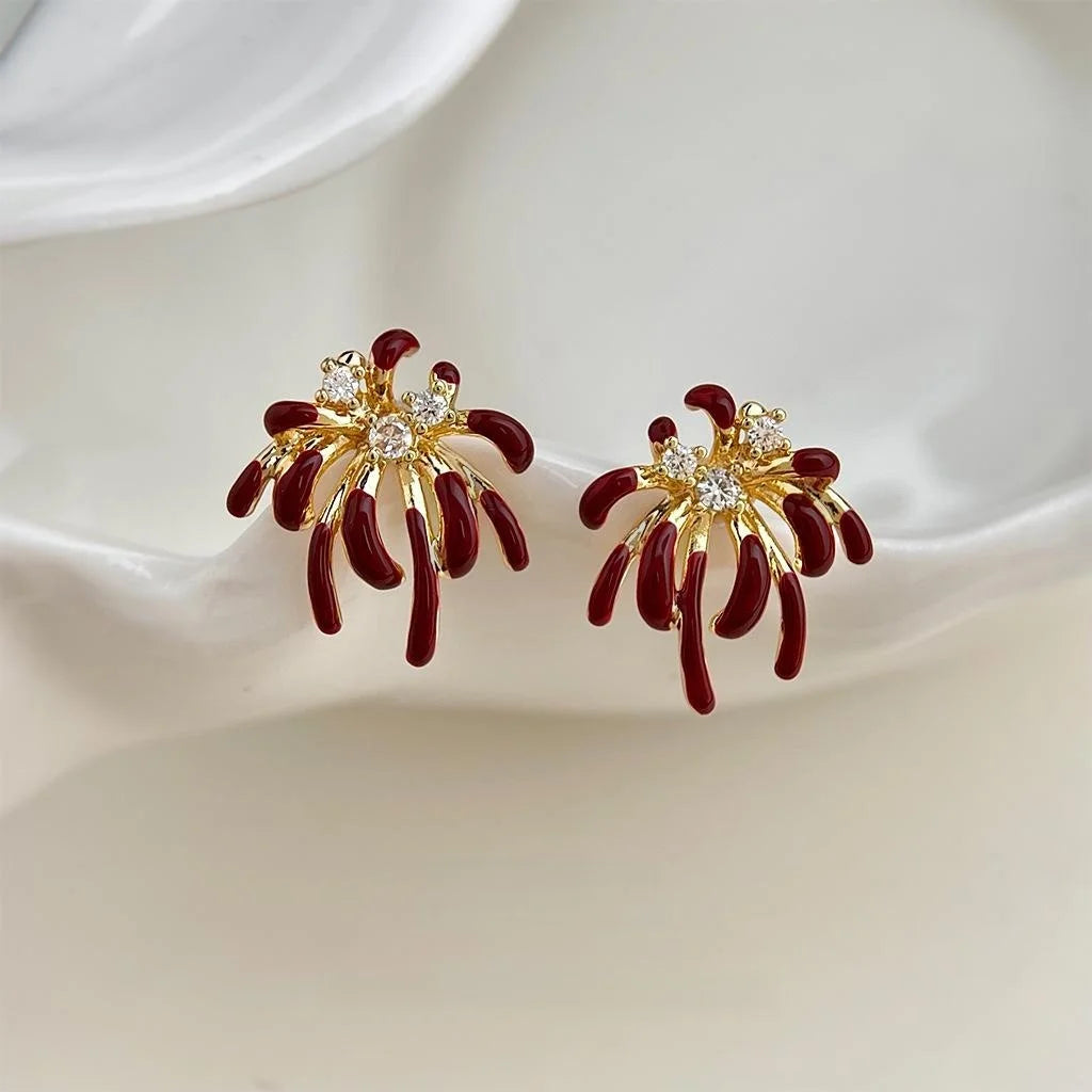 Luxury Burgundy Firework Micro Pave Zircon Enamel Geometric Copper Stud Earrings